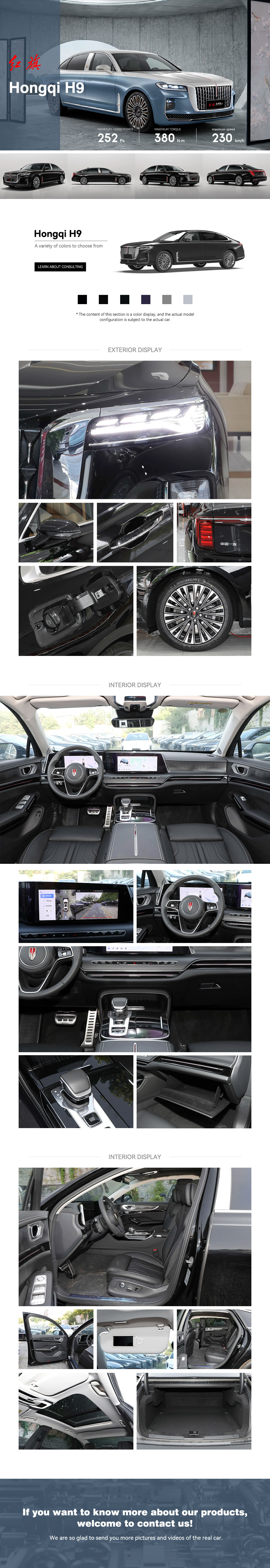 2025 New Car Hongqi H9 Hybrid Luxury Sedan 48v Light Mixing System Electric Fuel Hot Sale Hongqi 2.0T 252PS L4 Car Trade
